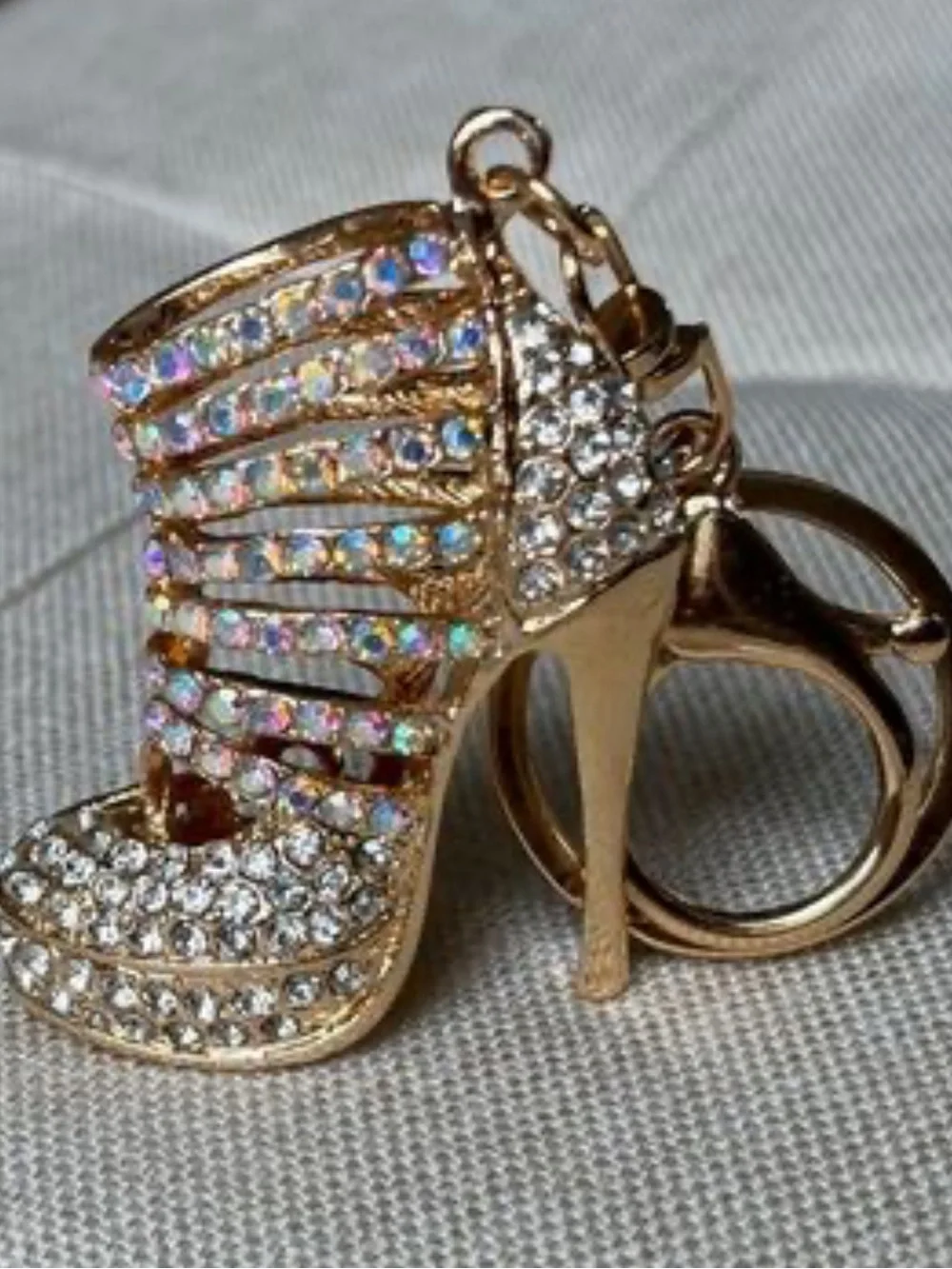 Crystal High Heel Shoe Keychain Bag Charm Gold & Pink Sparkly Bling Rhinestones